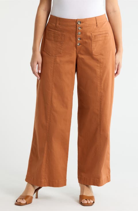 'Ab'Solution Skyrise Exposed Button Wide Leg Twill Pants (Plus)