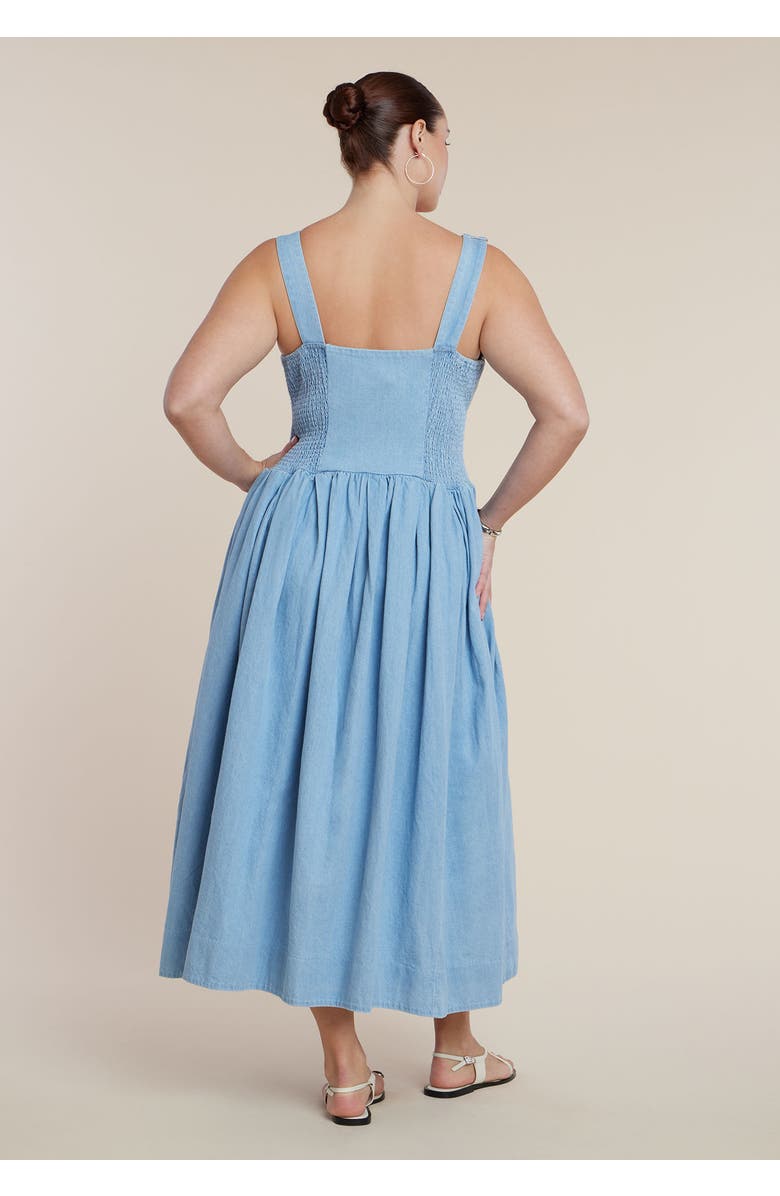 ELOQUII Drop-Waist Chambray Maxi Dress, Alternate, color, Light Wash