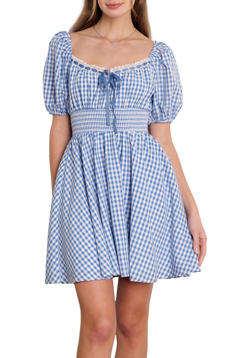Gingham Puff Sleeve Minidress, Main, color, IVORY BLUE