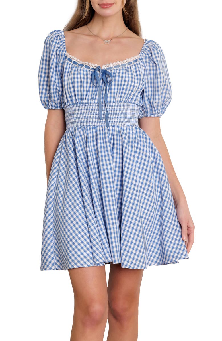 FLYING TOMATO Gingham Puff Sleeve Minidress, Main, color, Ivory Blue