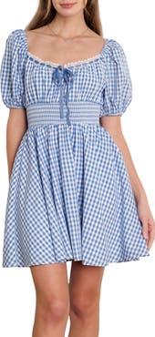 FLYING TOMATO Gingham Puff Sleeve Minidress
