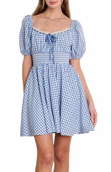 FLYING TOMATO Gingham Puff Sleeve Minidress