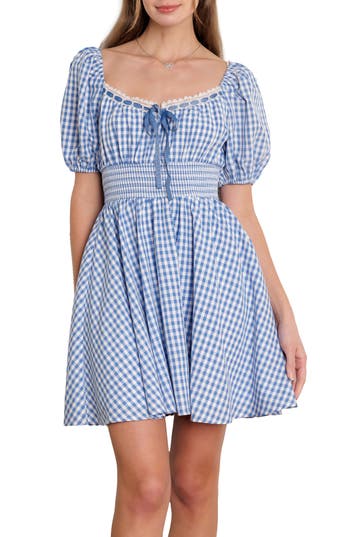 Flying Tomato Gingham Puff Sleeve Minidress In Ivory Blue