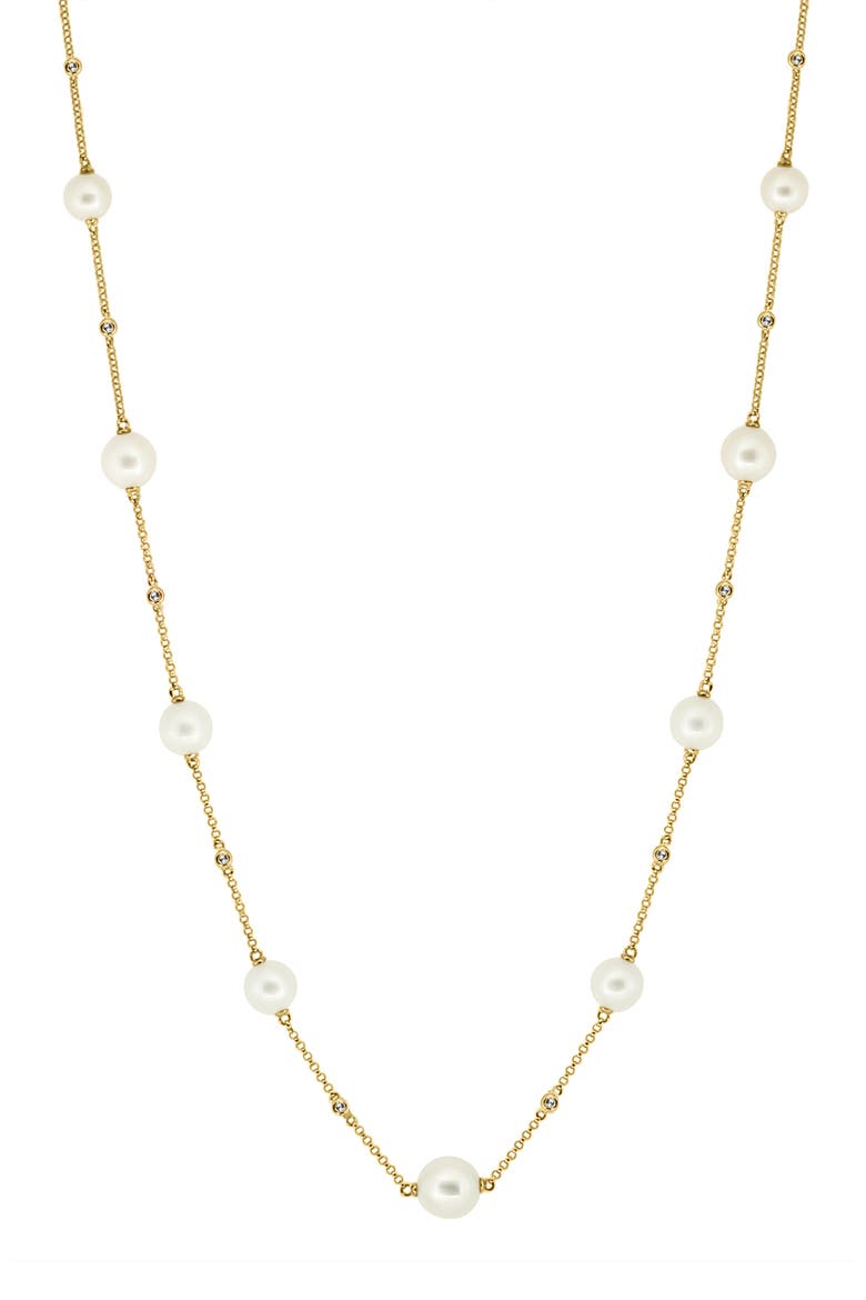 14K Yellow Gold Diamond & Freshwater Pearl Station Necklace, Alternate, color, 14K Gold