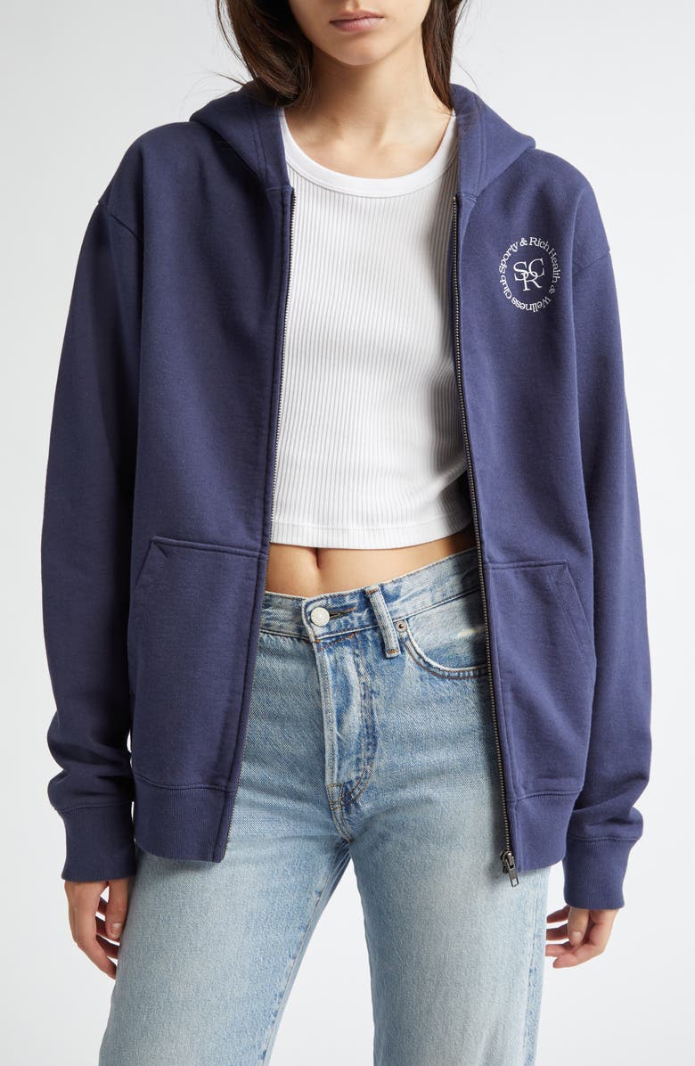 Sporty & Rich Wellness Club Cotton Graphic Zip-Up Hoodie, Main, color, 