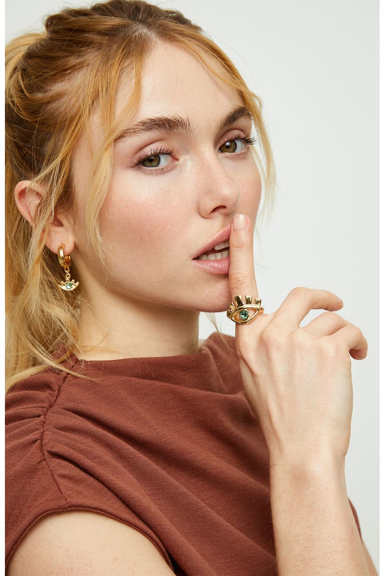18K Gold-Plated Eye-Shaped Ring with Green Faceted Crystal, Alternate, color, Gold