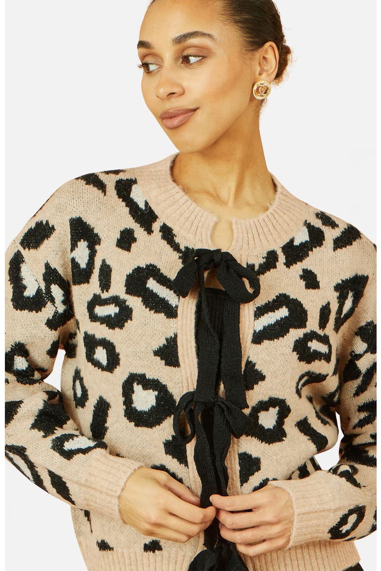 Animal Print Intarsia Tie Front Cardigan, Alternate, color, Beige
