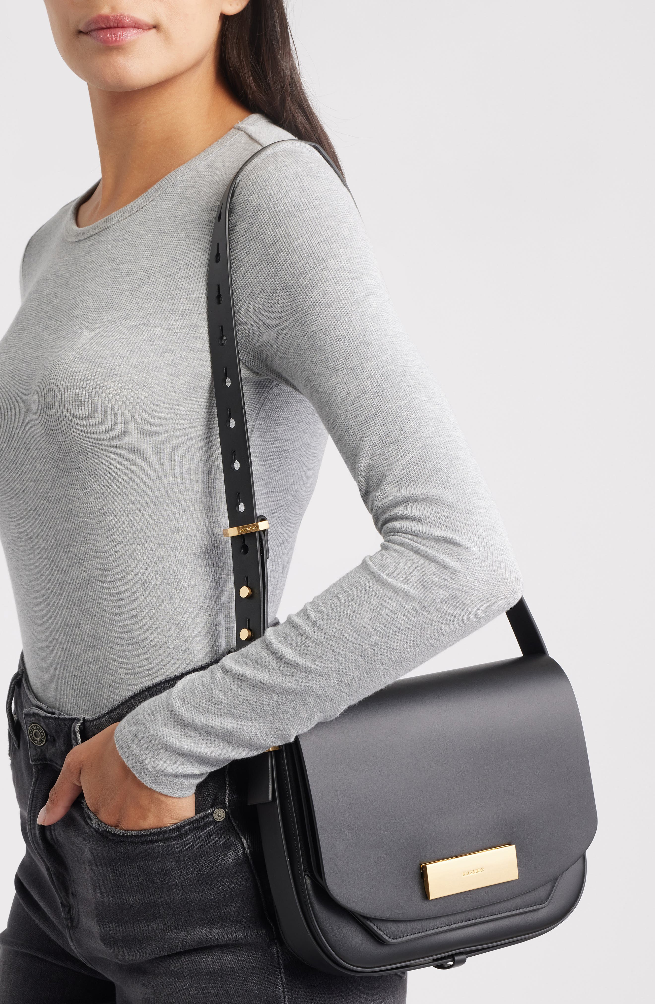 AllSaints Etta Leather Shoulder Bag, Alternate, color, Black