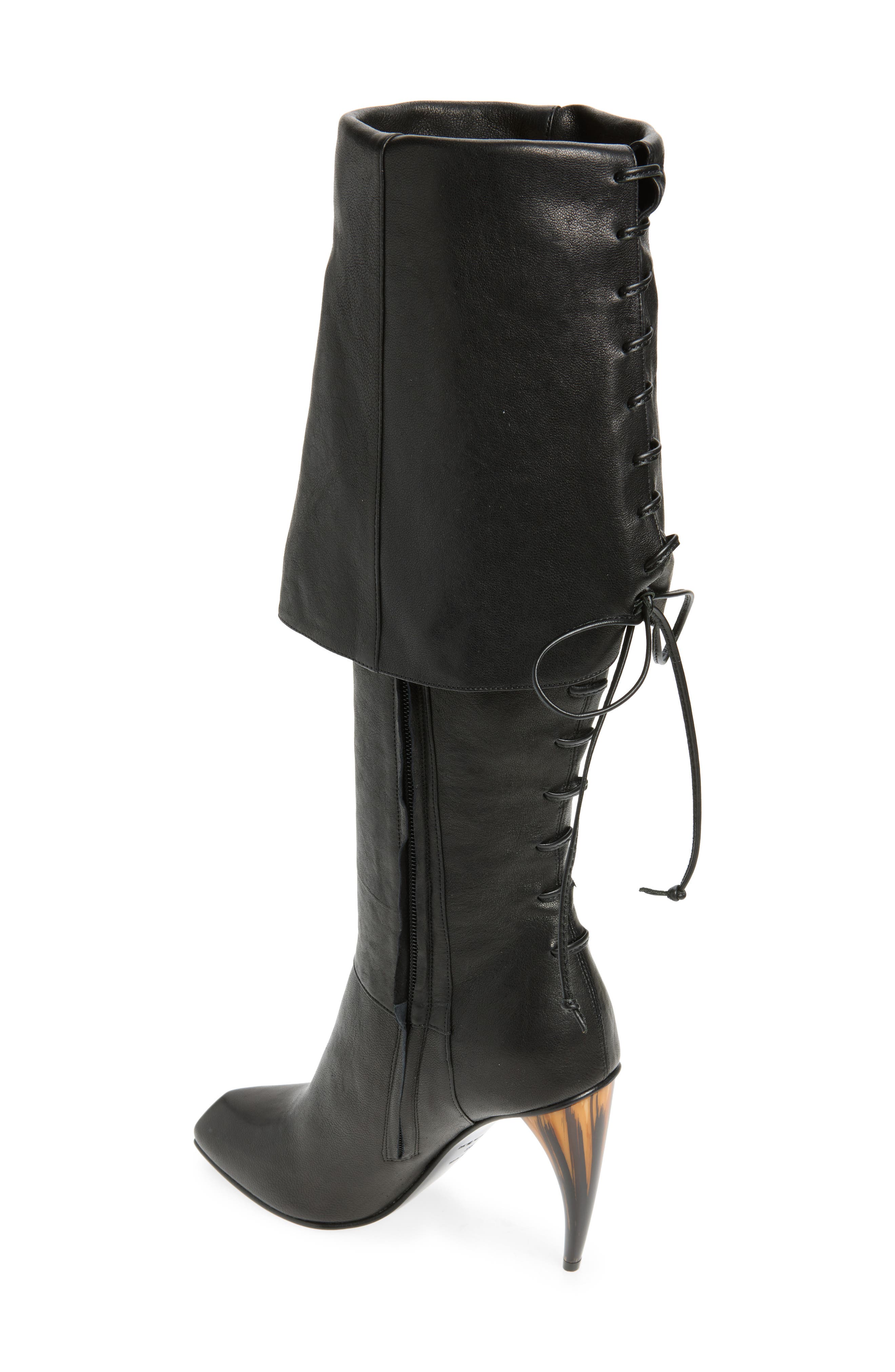 McQueen Lace-up Cuff Horn Heel Knee High Boot, Alternate, color, 