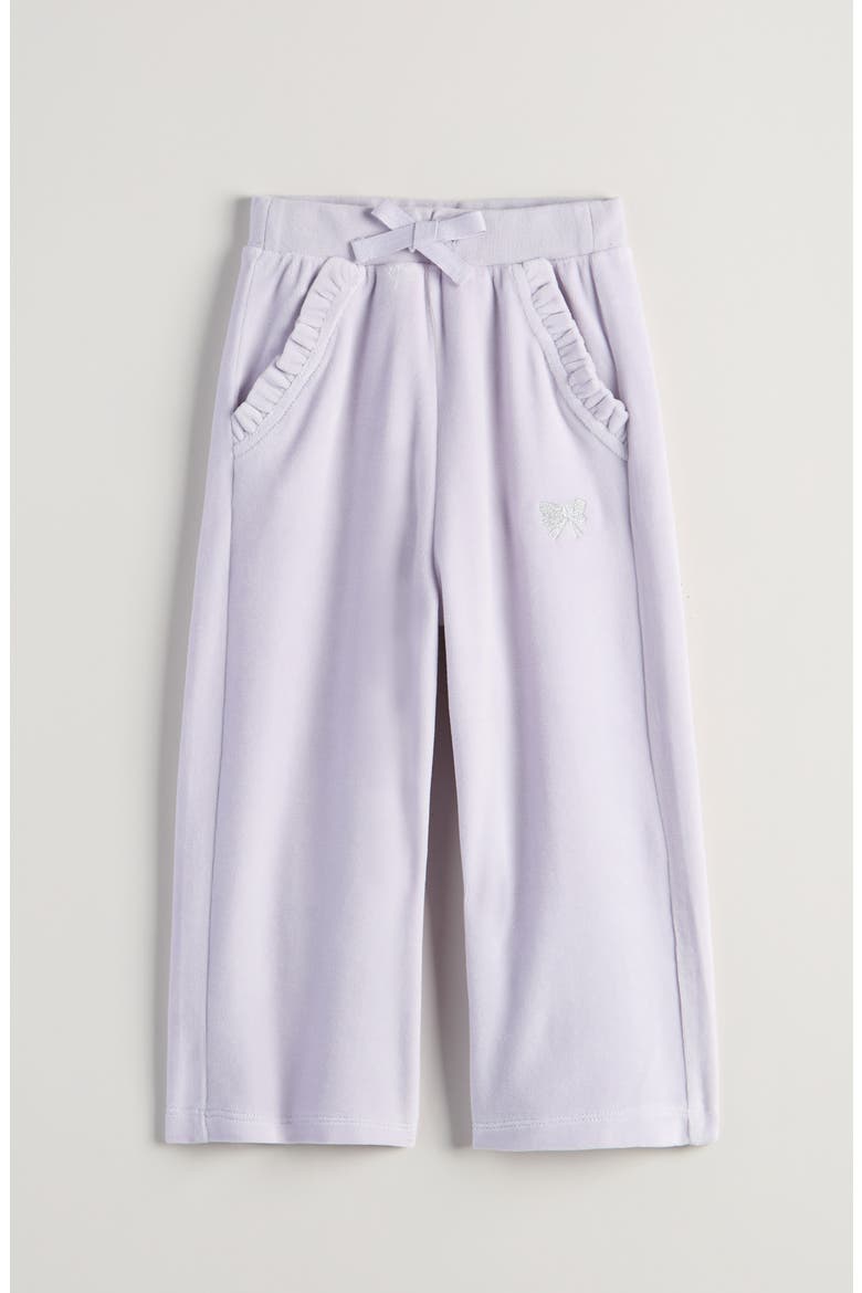Kids' Ruffle Pocket Velour Pants, Main, color, PURPLE PETAL BOW EMB