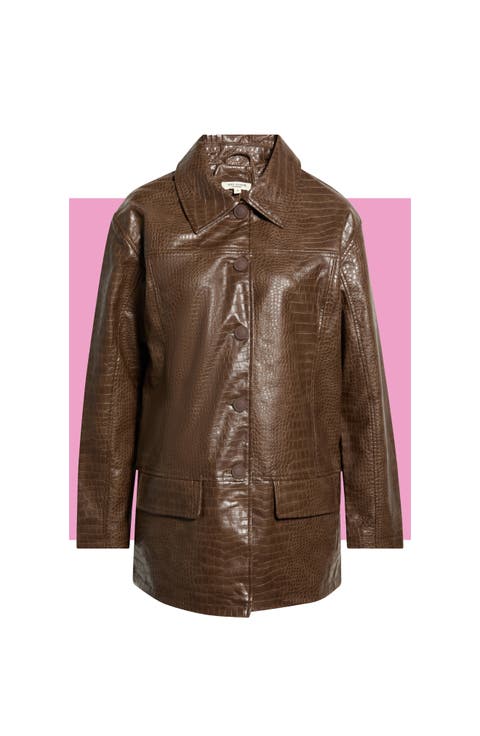 Oversize Croc-Embossed Faux Leather Jacket