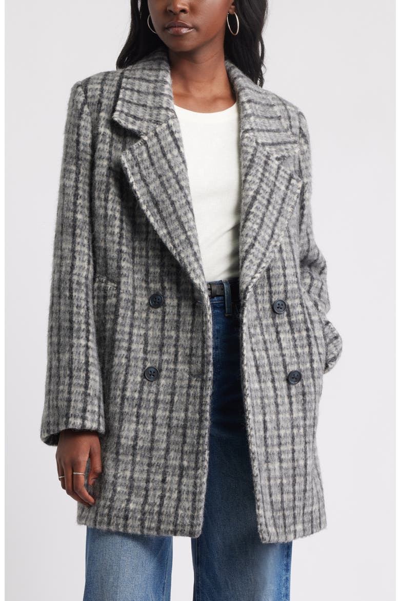 Chunky Herringbone Double Breasted Coat, Main, color, GREY- BLACK PLAID