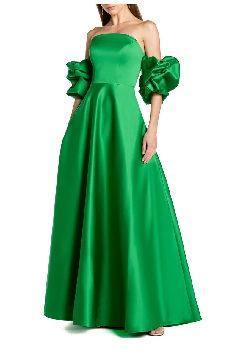 Mac Duggal Satin Off The Shoulder Puff Sleeve Ballgown, Main, color, Spring Green