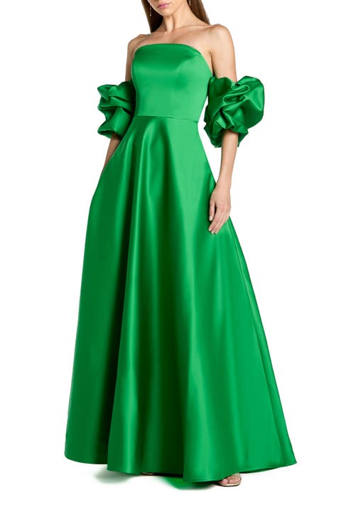 Satin Off The Shoulder Puff Sleeve Ballgown