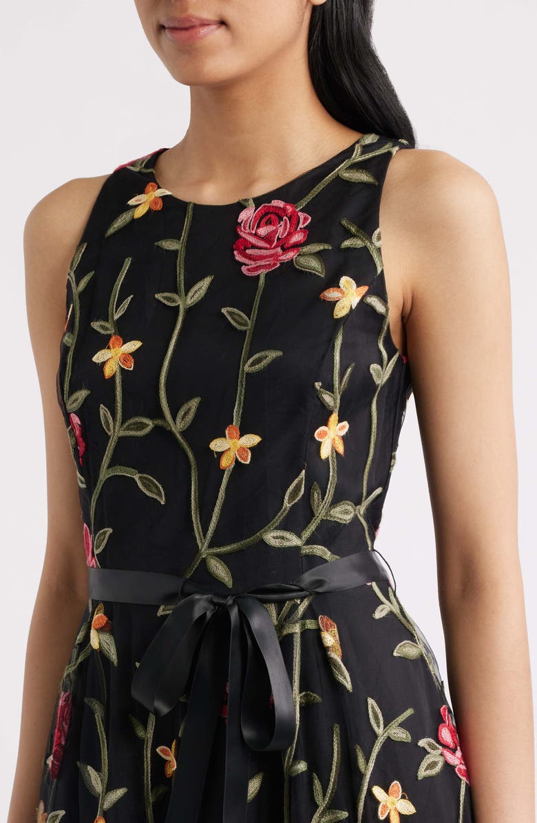 Tahari ASL Floral Embroidered Sleeveless Midi Dress, Alternate, color, Black Multi