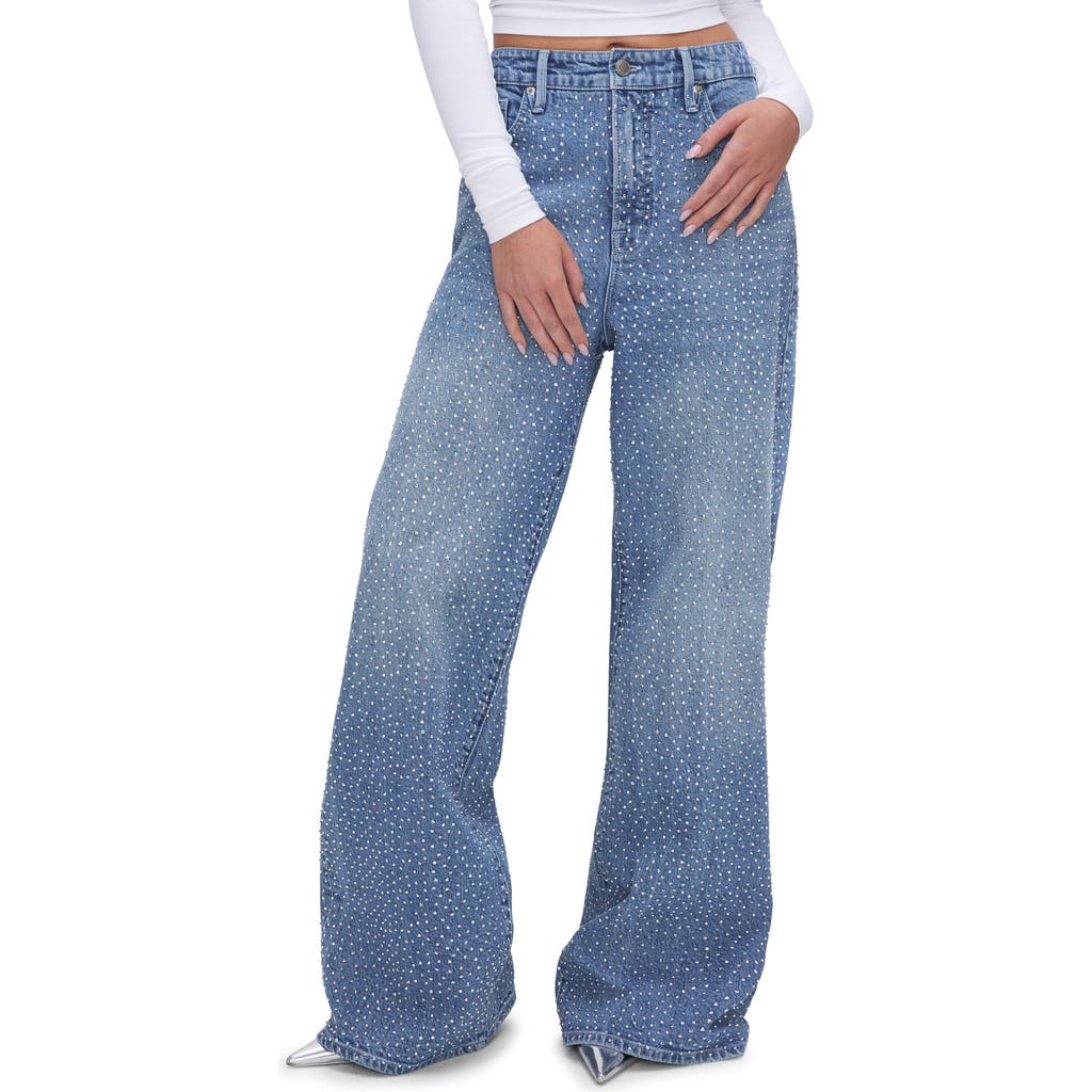 Good American Good Ease Crystal Embellished Wide Leg Jeans In Indigo592