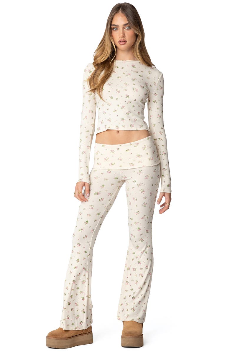EDIKTED Bloom Baby Floral Foldover Waist Rib Pants, Alternate, color, Cream