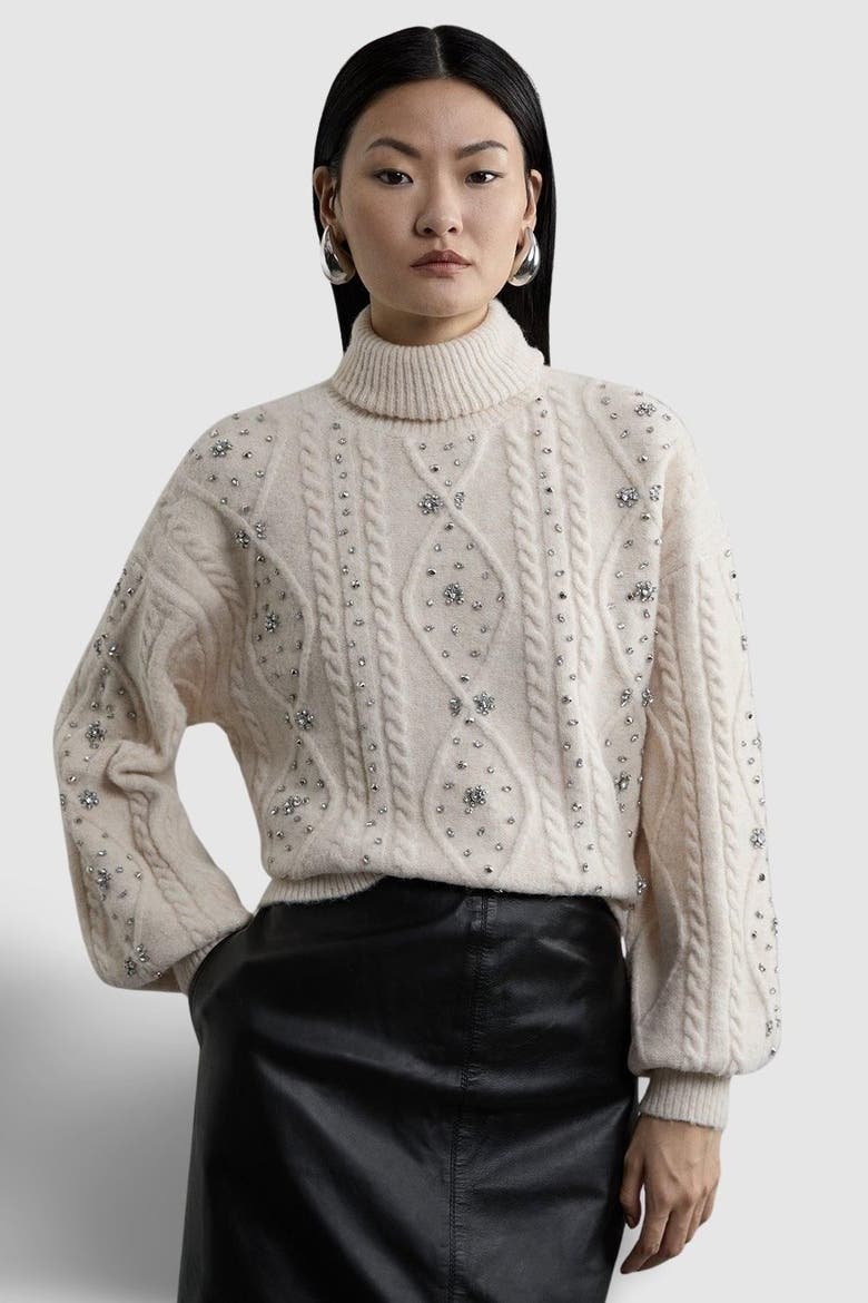 Wool Blend Embellished Cable Knit Jumper, Main, color, Cream