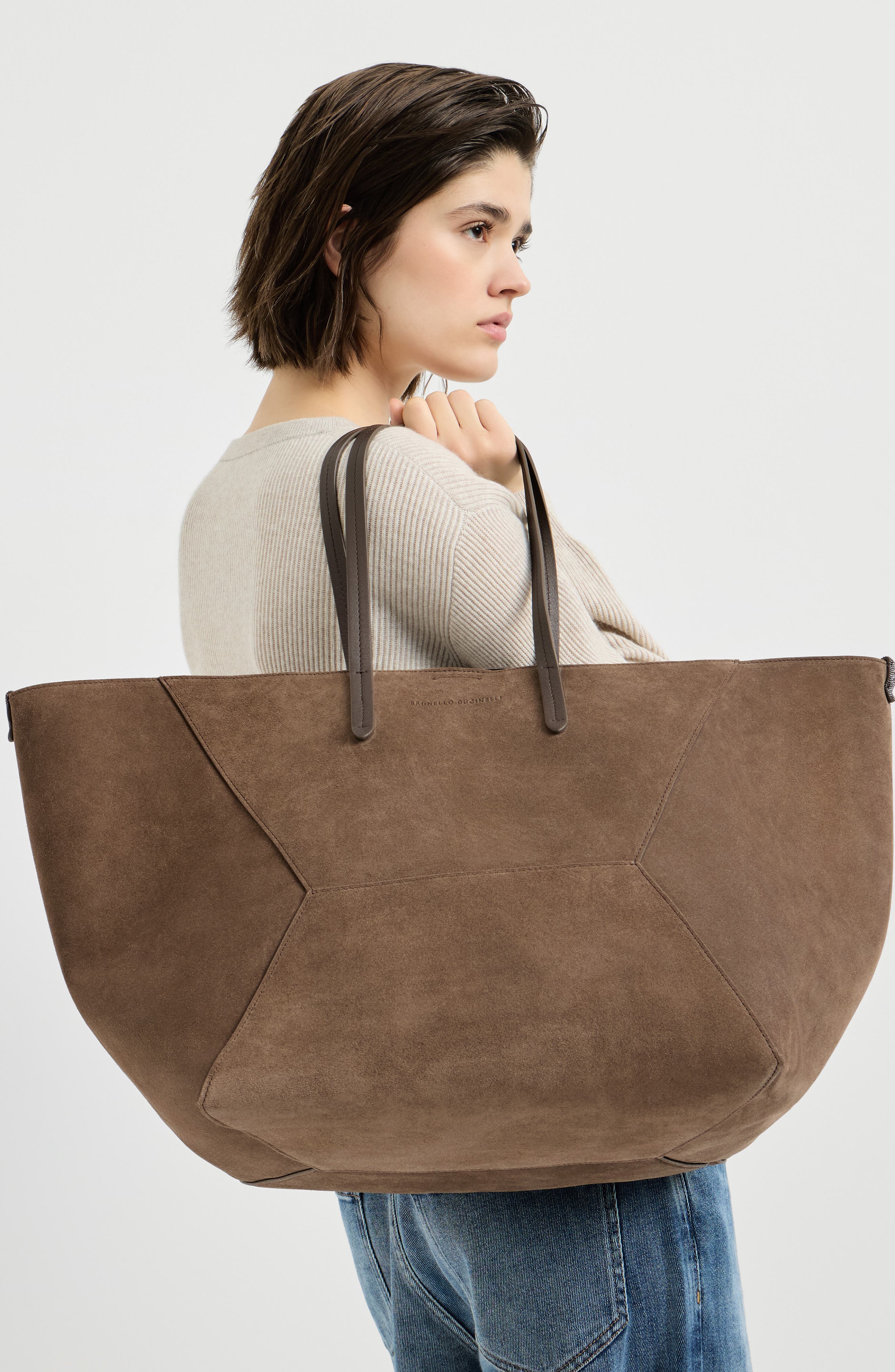 BC Duo large bag in suede with monili, Alternate, color, Bark