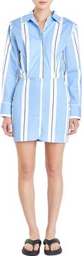 Grey Lab Stripe Power Shoulder Long Sleeve Shirtdress