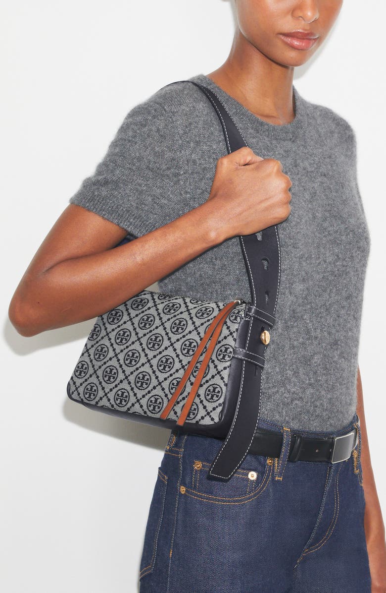 Tory Burch Small Romy T Monogram Canvas Shoulder Bag, Alternate, color, Tory Navy