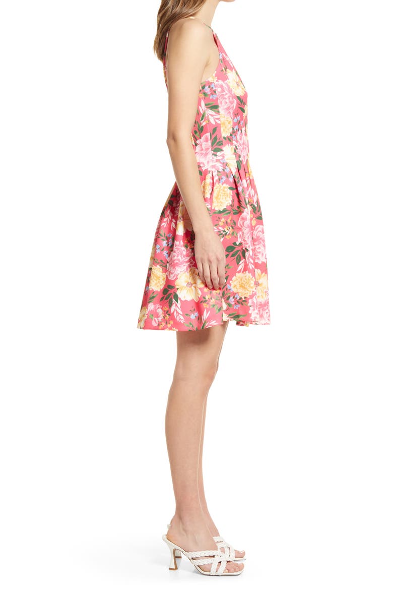 Floral Halter Neck Fit & Flare Scuba Dress, Alternate, color, HOT PINK