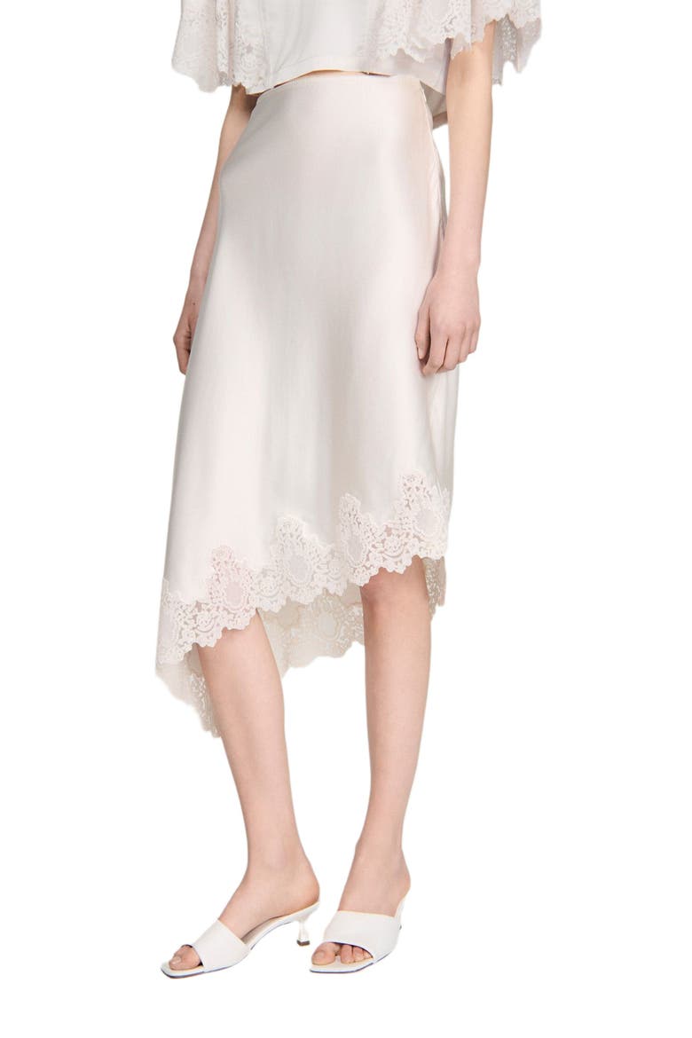 Asymmetrical satin skirt with lace, Alternate, color, Ecru