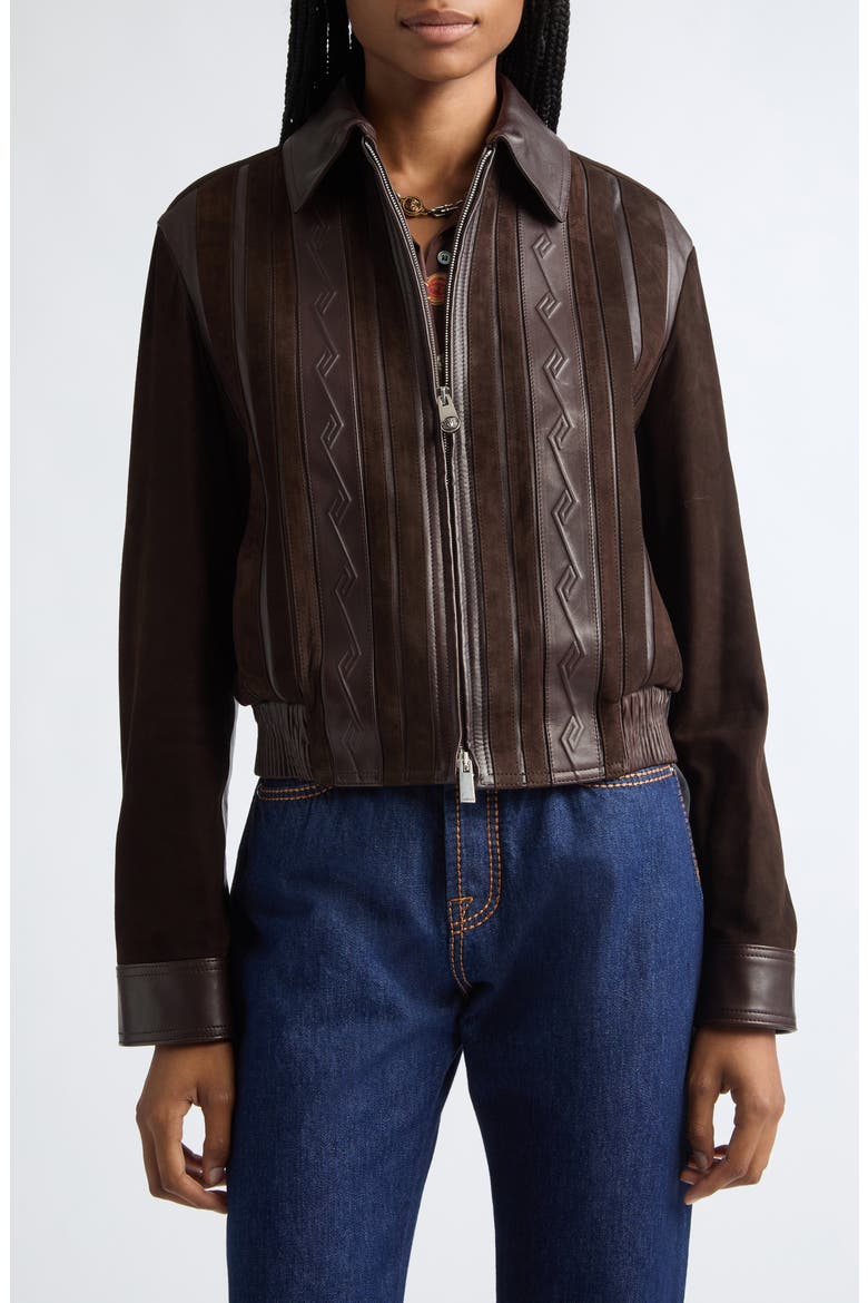 Mixed Media Greca Blouson Jacket, Main, color, BROWN