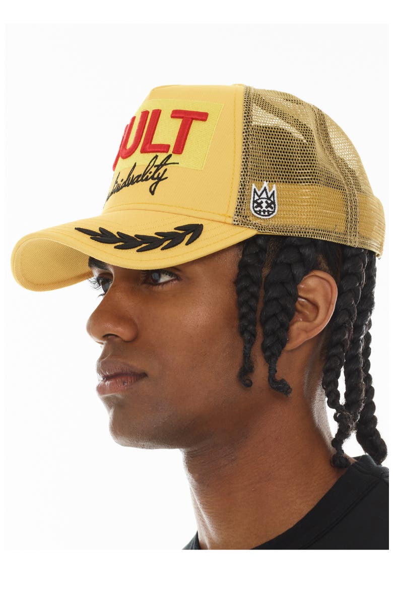 Racing Logo Trucker Hat, Alternate, color, YELLOW GOLD