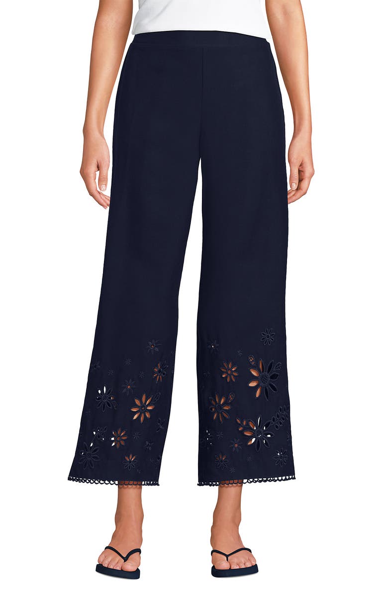 Lands' End Linen Embroidered Pants, Alternate, color, Navy