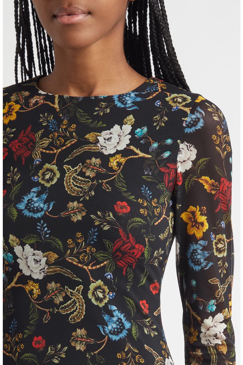 Delora Floral Long Sleeve Mesh Minidress, Alternate, color, TAPESTRY TRAILS SM BLACK