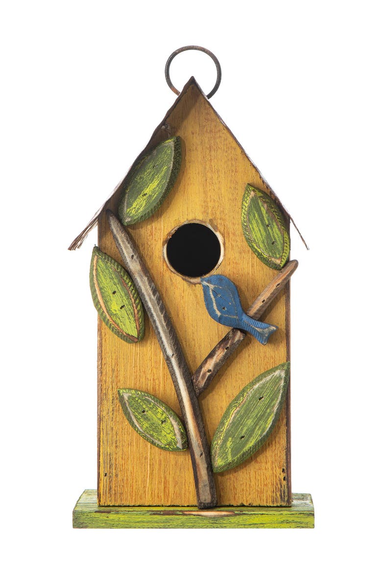 10"H Multicolor Cute Distressed Solid Wood Birdhouse with 3D Flowers, Alternate, color, Yellow