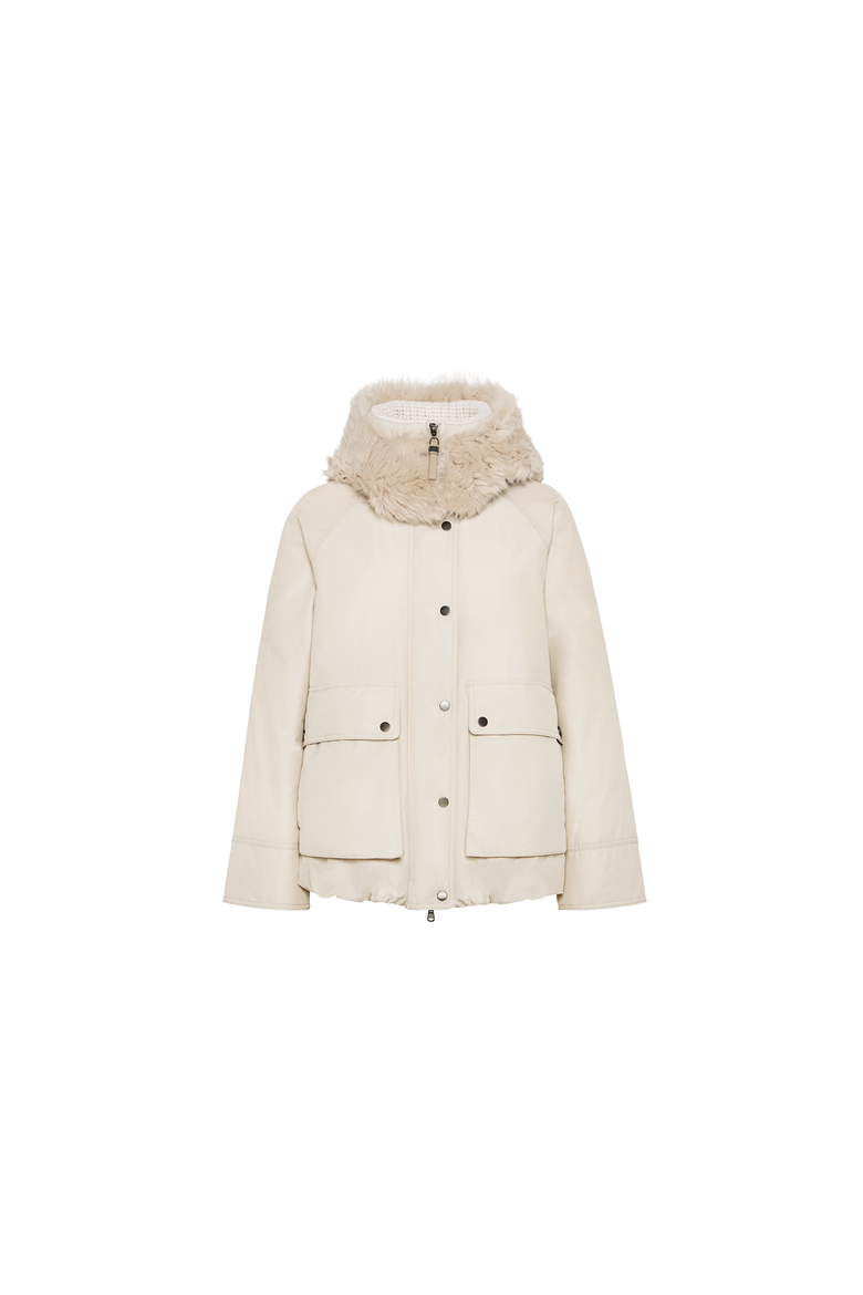 Techno cotton water-resistant taffeta down parka with detachable shearling hood and shiny zipper pull, Alternate, color, Cool Beige