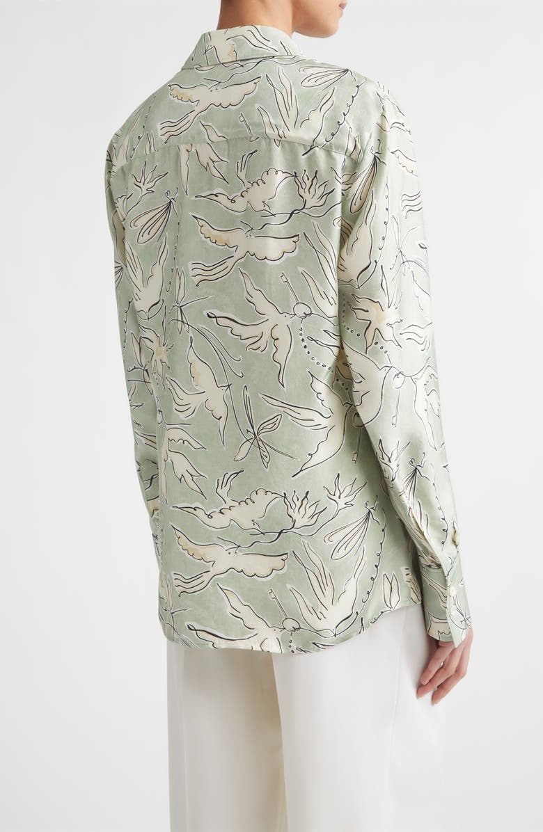 Altuzarra Chika Bird Print Silk Button-Up Shirt, Alternate, color, 378398 Desert Sage Bird