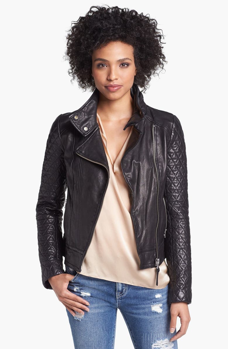 Mackage Quilted Sleeve Leather Moto Jacket, Main, color, 