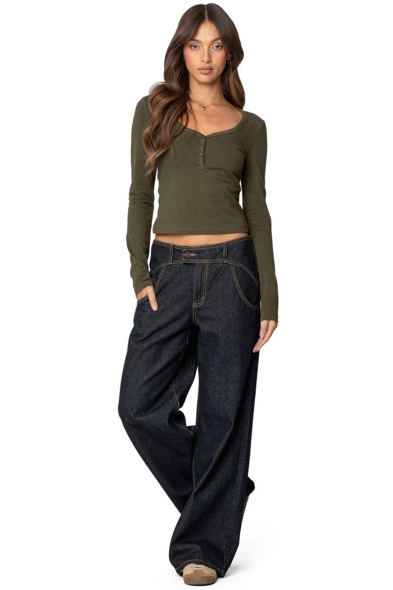 Leah V-Neck Crop Henley Top, Alternate, color, OLIVE