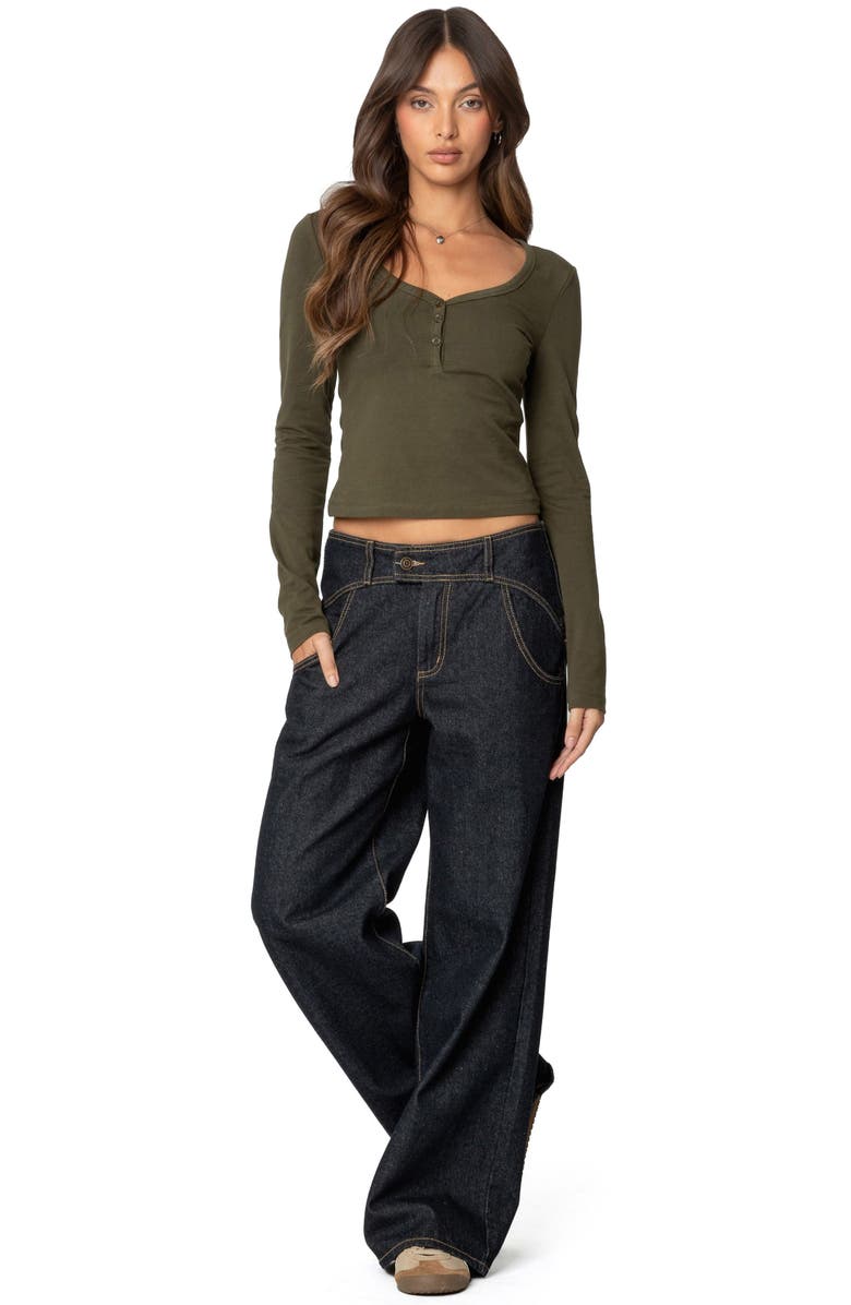 EDIKTED Leah V-Neck Crop Henley Top, Alternate, color, Olive