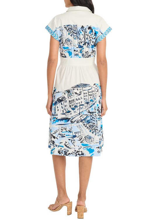 Maggy London City Scene Print Stretch Cotton Midi Shirtdress In White/blue
