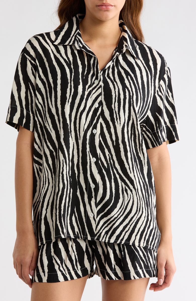 Elan Short Sleeve Button-Up Cover-Up Shirt, Alternate, color, Black Zebra