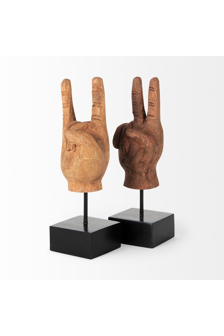 Pacem 4L x 4W Natural Wooden Carved Peace Sign Hand, Alternate, color, Brown