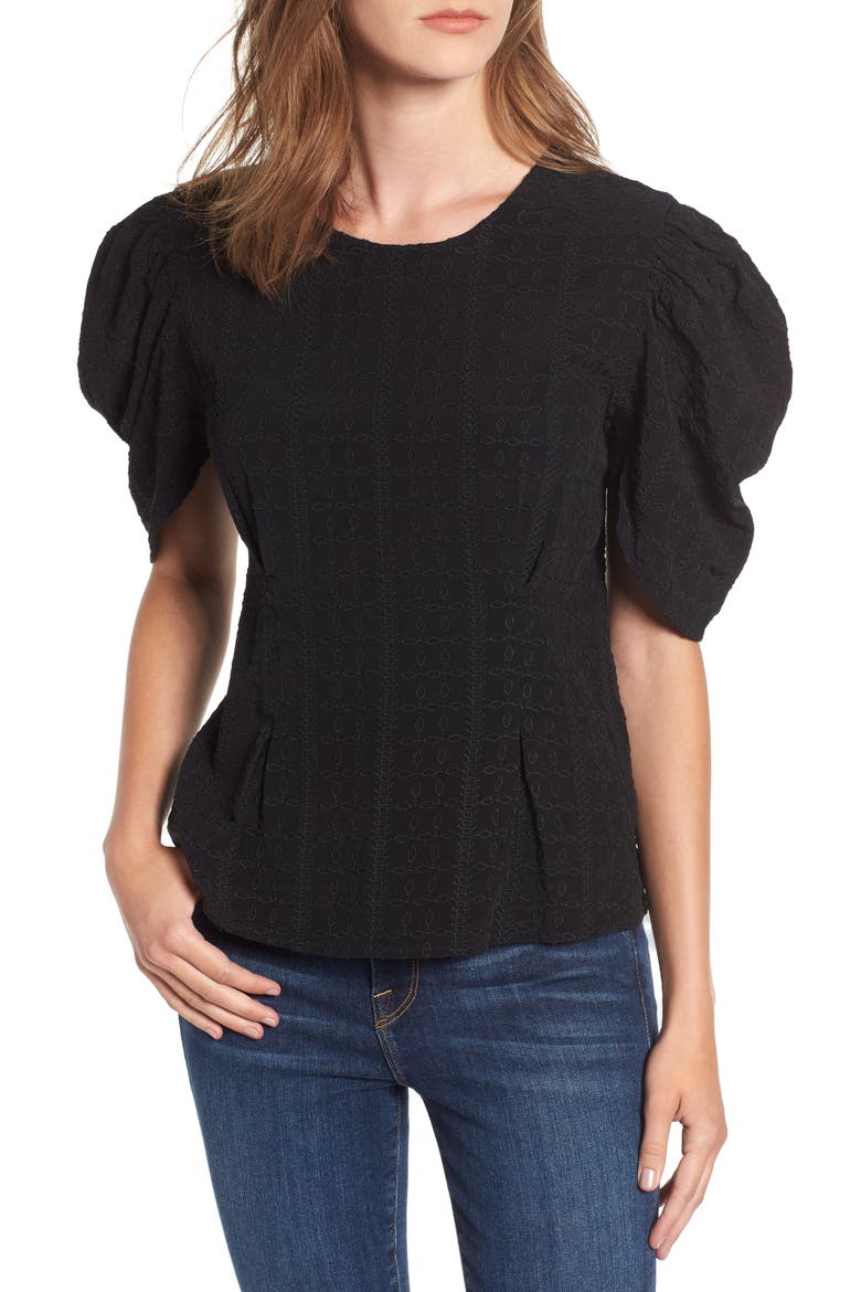 Embroidered Puff Sleeve Top, Main, color, BLACK