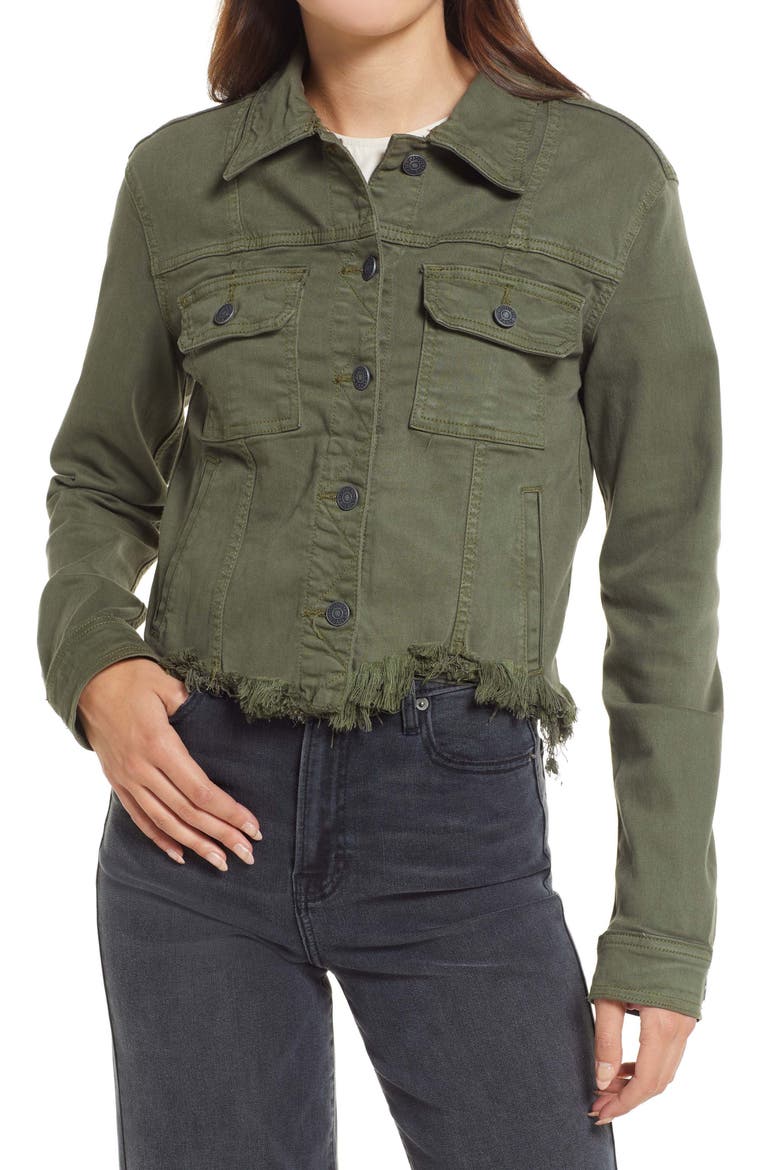 Frayed Hem Denim Jacket, Alternate, color, OLIVE