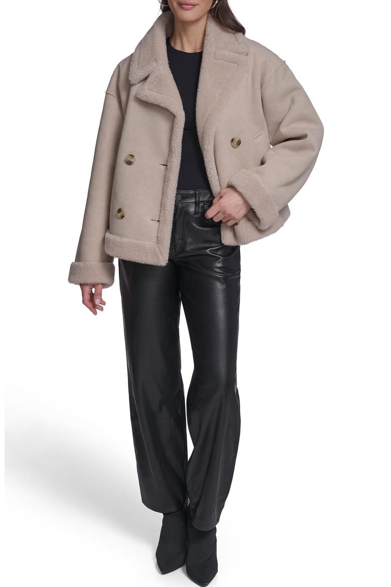 Faux Leather & Faux Shearling Double Breasted Coat, Alternate, color, CREAM
