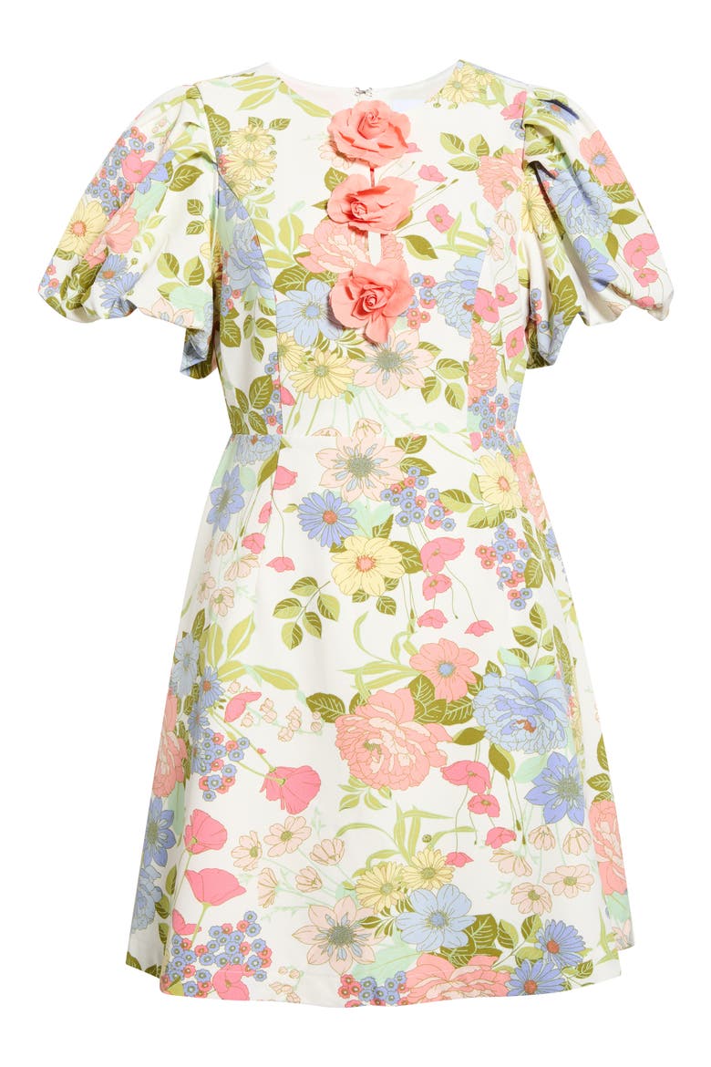 Rosette Puff Sleeve Dress, Alternate, color, CREAM-MULTI