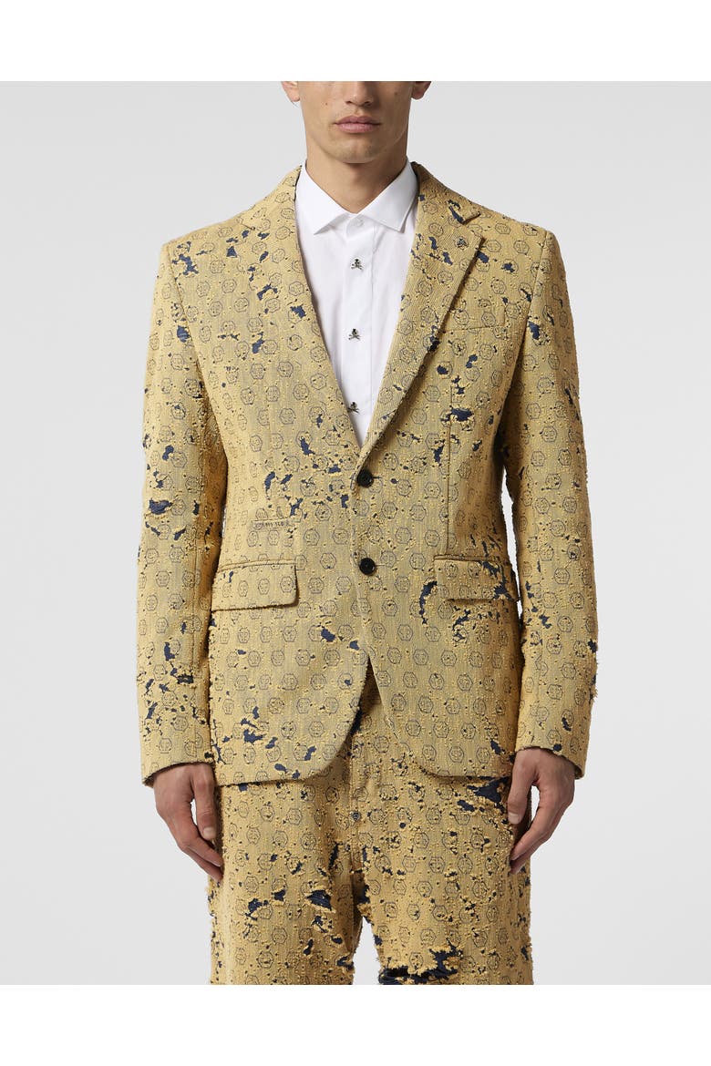 Destroyed Denim Jacquard Blazer Monogram Men, Main, color, beige