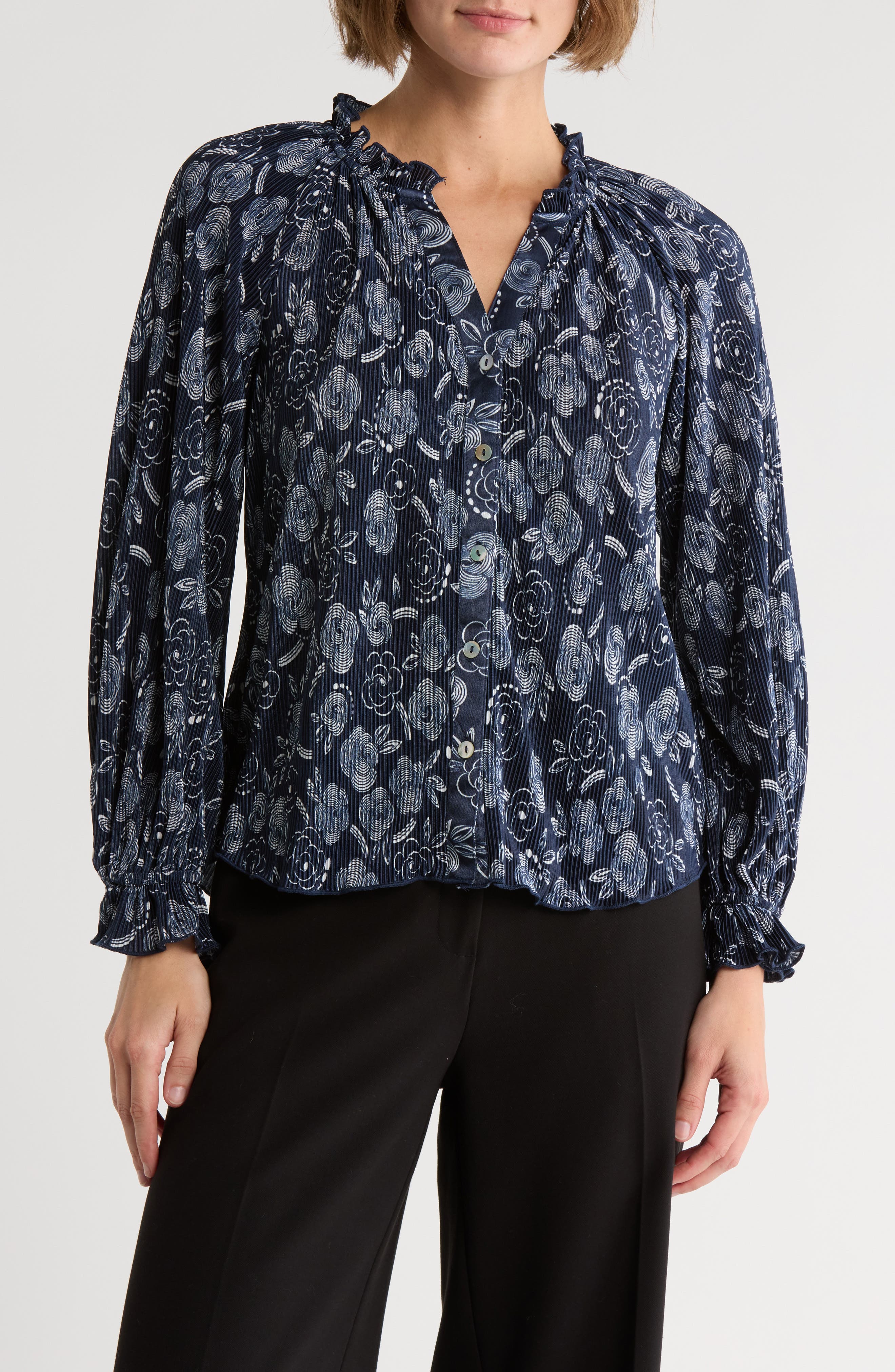 CHENAULT Long Sleeve Ruffle Neck Print Bodre Top