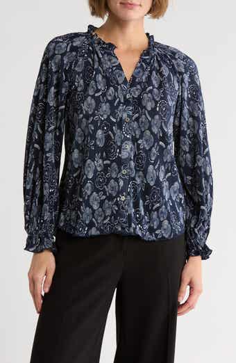 CHENAULT Long Sleeve Ruffle Neck Print Bodre Top