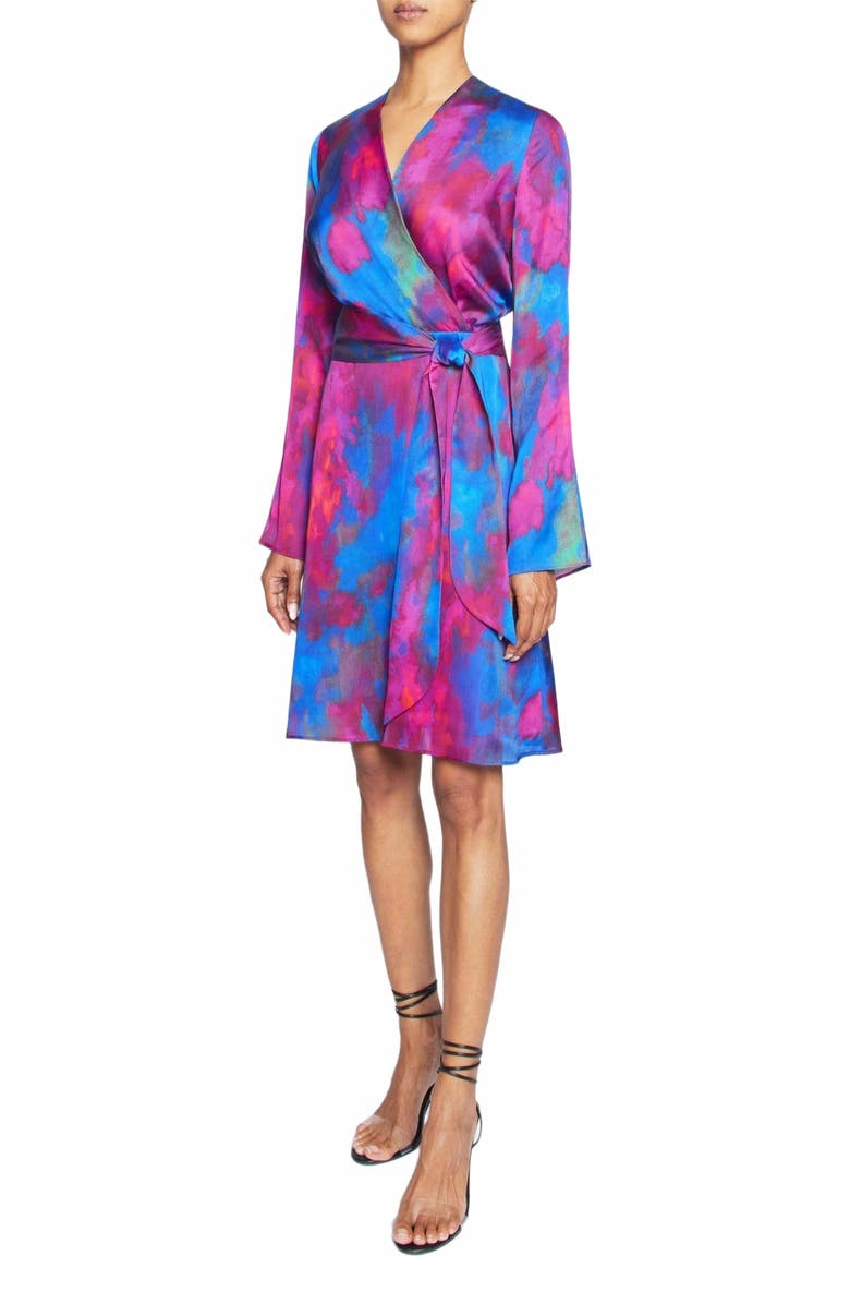 Santorelli Kayden Long Sleeve Faux Wrap Fit and Flare Dress in Printed Charmeuse, Alternate, color, Magenta Multi
