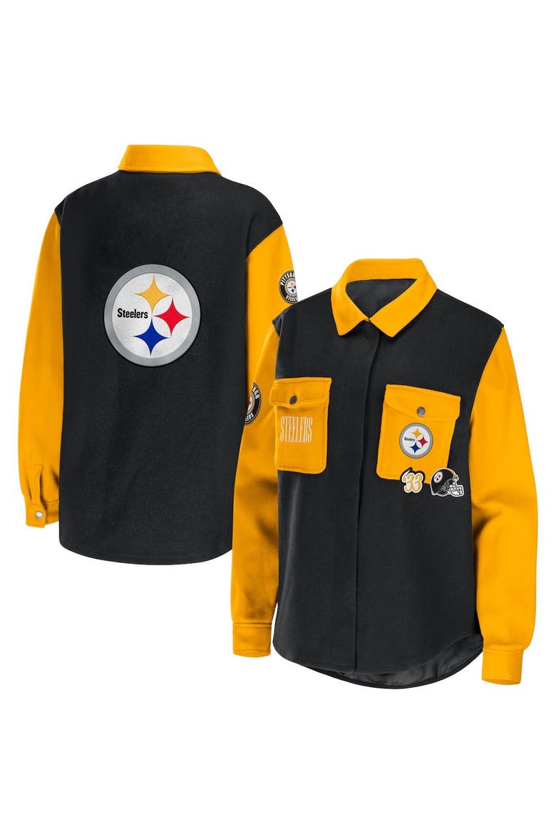 Women's WEAR by Erin Andrews Black Pittsburgh Steelers Snap-Up Shirt Jacket, Main, color, Black