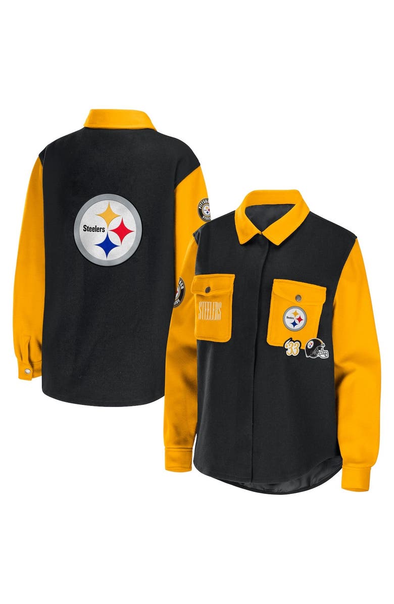 WEAR by Erin Andrews Women's WEAR by Erin Andrews Black Pittsburgh Steelers Snap-Up Shirt Jacket, Main, color, Black
